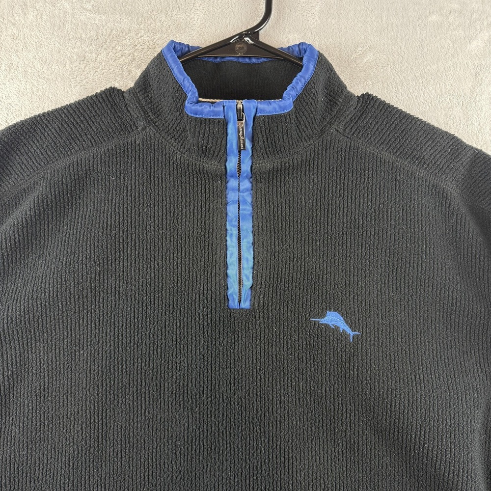 Tommy Bahama Sweater Mens Medium Black Quarter Zip Pullover Fleece Marlin Logo - Picture 3 of 8